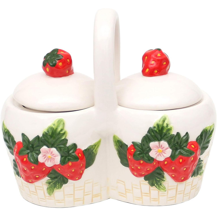 Dolomite sugar bowl with strawberry relief, size approximately 16.5 x 9.7 x 14 cm, 14