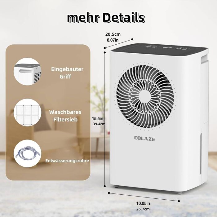 Вологопоглинач повітря 12л/24г, компресорний – автоматичний вологопоглинач для спальні, підвалу, ванної кімнати до 120м³, (~20 м²), з цифровим дисплеєм та шлангом для зливу