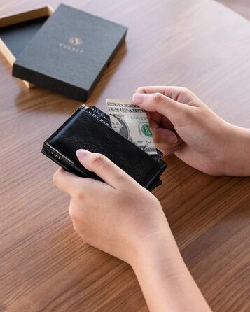 Чоловічий гаманець-кардхолдер VULKIT з натуральної шкіри, RFID захист, чорний Crazy Horse