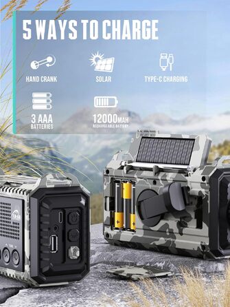 Радіо на механічній ручці з сонячною панеллю та Powerbank 12000mAh | AM/FM/SW радіо для надзвичайних ситуацій, зарядка USB-C, SOS-сигнал, ліхтарик та лампа для читання | Водонепроникне, портативне для кемпінгу, туризму (Сірий камуфляж)
