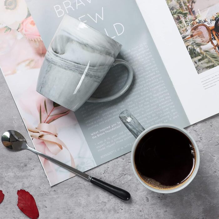Smilatte Unique Coffee Cups, M067, Marble-Ceramic Cup for Home and Office, Microwave-Safe, Set of 4, Gray