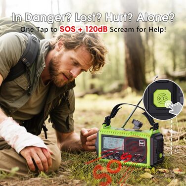 Радіо DAB/DAB+/UKW з вбудованим акумулятором 5000mAh, сонячне радіо, радіо для надзвичайних ситуацій з USB-зарядкою, радіо для кемпінгу з LED-ліхтариком, SOS-сигналом, портативне радіо з ручним приводом для активного відпочинку (зелене)