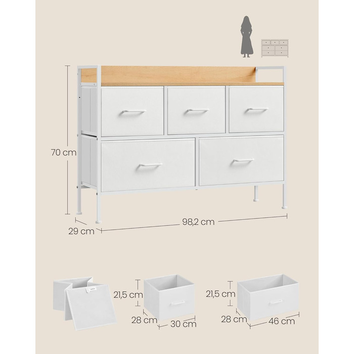 SONGMICS Chest of Drawers, Cabinet, 7 Fabric Drawers with Handles, Metal Frame, Industrial Design, Vintage Brown-Ink Black LTS137B01 (Cloud White + Oak Beige, 29W x 98.2D x 70H cm)