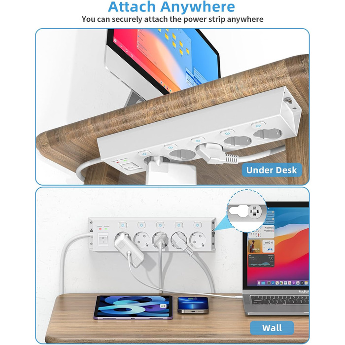 Мережевий фільтр Steckdoseleiste 5-fach з вимикачами, захистом від перенапруги 1050J, для дому та офісу, білий, кабель 2м