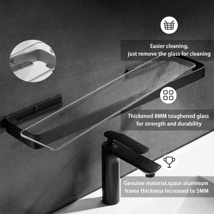 Biutimarden Shower Shelf No Drilling, Bathroom Shelf, Glass Shelf, Wall Mounting, Bathroom Shelf, Rectangular 8MM Tempered Glass, Self-Adhesive, Space Aluminum for Bathroom, Kitchen, Bathroom Accessories, 40CM Black