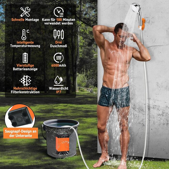 Portable Camping Shower, 6000mAh Camping Shower Battery with Pump and Temperature Gauge, Portable Camping Shower Outdoor with Shower Head and 2m Hose for Garden, Travel, Car Washing, and Pet Use