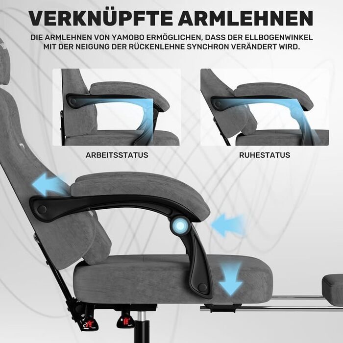 Геймерське крісло Ergonomisch з підлокітниками, підставкою для ніг, подушкою для попереку та голови, регульованою висотою, оббивка PU, сірий (C-grey)