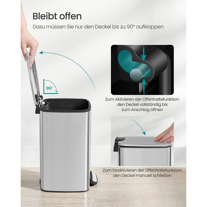 Смітник для ванної кімнати SONGMICS PLUSHIC LTB590B0602, педальний відро з кришкою Softclose, сталевий, 8 л, сріблястий металік