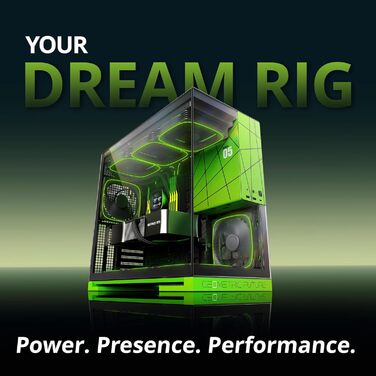 Корпус для ПК Geometric Future M5 з загартованим склом, Mid Tower, E-ATX/ATX, для геймінгу, сталь 1.2 мм, Type C, без інструментів, підтримка радіатора 420/360, подвійний відсік, чорний/зелений, GEO-M5-BNY Black/Green Glass ver