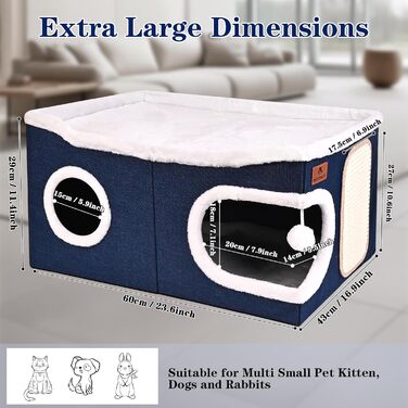 Кігтеточка-будиночок для котів з подушкою, блакитна, 60x43x32 см