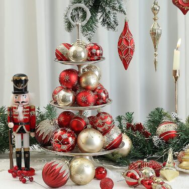 Набір новорічних кулічок для ялинки, 30 шт, 60 мм, пластик, з гачками, для прикраси ялинки, на Новий рік, весілля, свята (червоний, золотий)