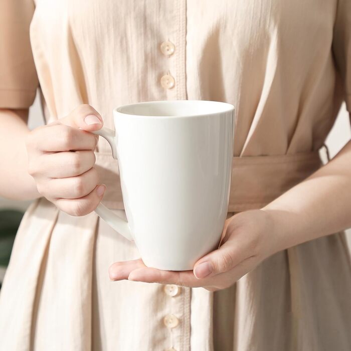 MALACASA Coffee Mugs Set of 6, Porcelain 560ML Mug Set, Large Modern Coffee Cups with Handle for Tea, Juice, Latte, Cappuccino, Hot Chocolate. Dishwasher and microwave safe, REG White Series