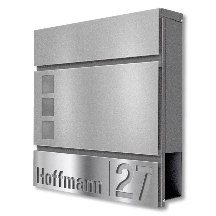 Поштова скринька Metzler Svena з нержавіючої сталі, RAL 9007 графітовий алюміній, з вікном, відділенням для газет, табличкою для імені та номера будинку. Розмір: 37x37x10.5 см