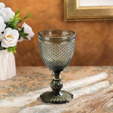 Joeyan 270ml Gray Vintage Wine Glasses with Diamond Relief, Colored Goblet Glasses Wine Goblet Set for Wine Juice Drinks, Set of 4 Retro Drinking Glasses with Stem, Dishwasher Safe
