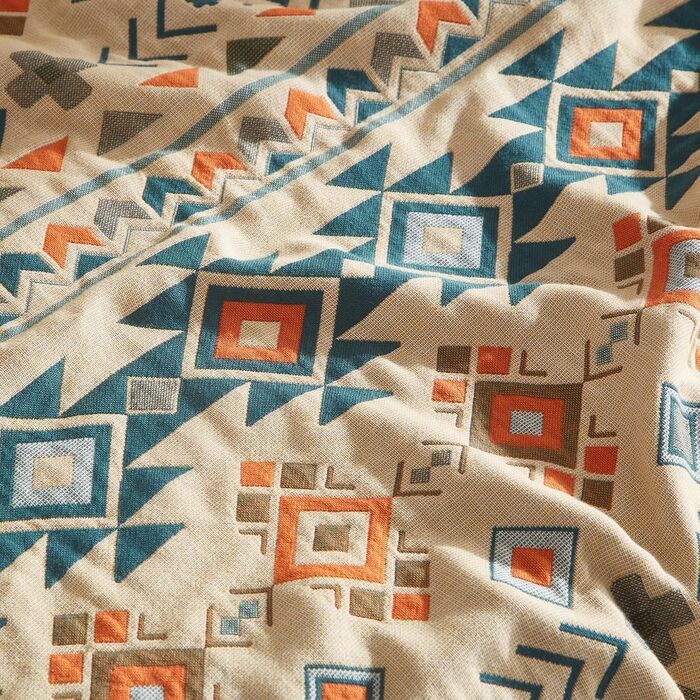 Плед Boho Softexly з 100% бавовни – двостороння муслінова ковдра 150x200 см, м'який плед на диван та покривало на ліжко, естетичний дизайн, ідеально для вітальні та спальні, помаранчево/блакитний (150 x 200 см, стиль модерн)