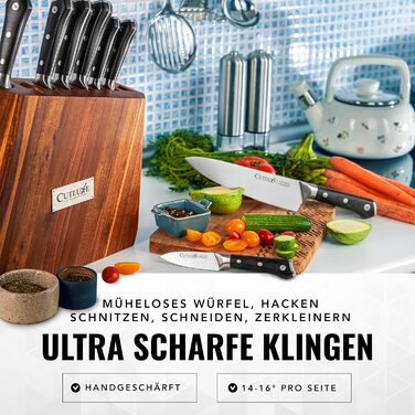 Набір ножів CUTLUXE Artisan Serie 8 предметів з бруском: кухарський ніж, сантoku, ніж для м'яса та інші. Виготовлено з високоякісної вуглецевої сталі, повнорозмірний клинок, блок з натурального акації.