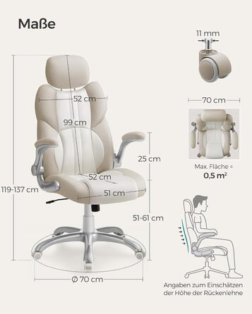 Крісло офісне SONGMICS, ігрове, регульована спинка, гойдалка, USB, підлокітники, ролики, регульована висота, OBG65BK (Крем-білий)