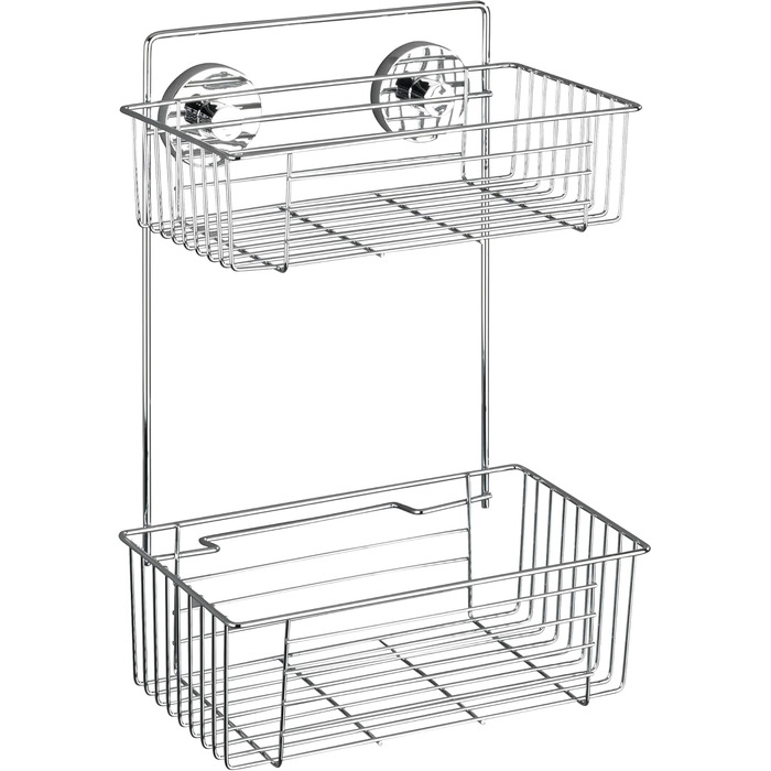WENKO Vacuum-Loc 2-Tier Shelf, Bari, Wall Shelf for Bathroom and Kitchen, Drilling-Free Mounting with Vacuum, Chrome-Plated Metal, 26 x 38 x 17 cm