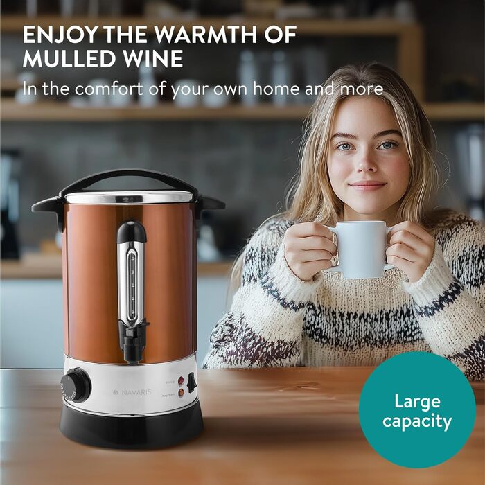 Navaris Mulled Wine Warmer Hot Water Dispenser - Stainless Steel - with Thermostat, Fill Level Indicator, Tap - Mulled Wine & Hot Beverage Dispenser (6.8L, Copper)