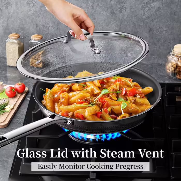 Innerwell Titan Ceramic Frying Pan 28 cm, Induction Pan with Lid, Stainless Steel Pan with Non-Stick Coating, Oven-Safe, PFOA-Free, Suitable for All Cooktops, (24cm with Lid, Black)