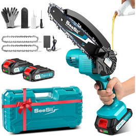 Акумуляторна міні-пила SEESII 6 дюймів з автоматичною подачею мастила, 8000mAh, для стрижки гілок та різання деревини