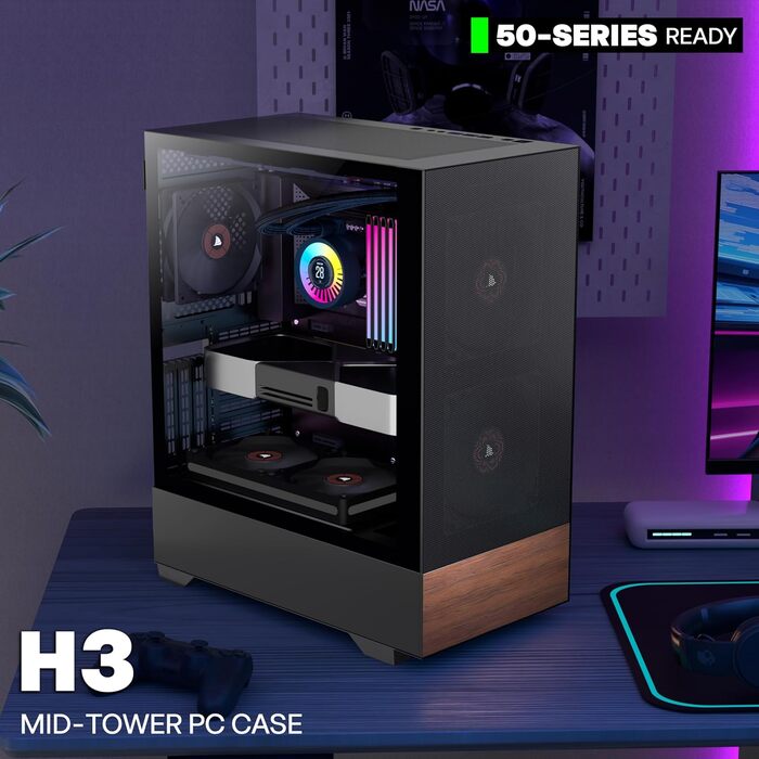 Корпус ПК KEDIERS ATX Tower для ігрового комп'ютера з загартованим склом (чорний, 3 вентилятори без LED)