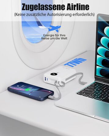 Power Bank 20000mAh з інтегрованим кабелем: Швидка зарядка 22.5W, USB C (вхід та вихід), акумулятор для мобільного телефону, Powerbank з 4 виходами та 2 входами, білий