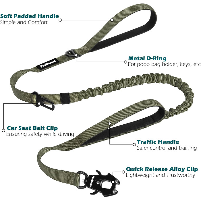 Тактична повідок для собак PetBonus Heavy Duty, 1,5м, еластична, з 2 зручними ручками, фіксатор для авто, No Pull для дресування великих та середніх собак (армійний зелений)