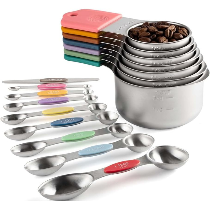 16-Piece Stainless Steel Measuring Cup and Spoon Set, 7 Sturdy Cups, 8 Double-Sided Spoons with Leveler, Multicolored