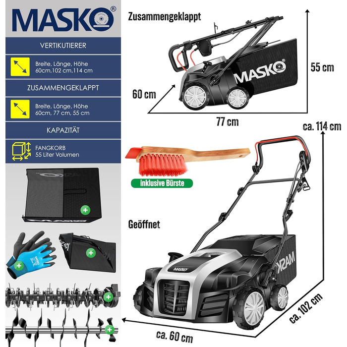 MASKO® Електричний аератор-скарифікатор 2в1 для газону, 1800 Вт, 40 см, 55 л, регулювання глибини, лоток, щітка, рукавички