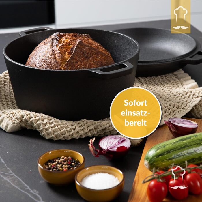 Chef's Cast Iron Dutch Oven incl. Dough Basket and Dough Scraper. Pot for Baking Bread. Bread Baking Pan with Lid 4.6L. 2-in-1 Bread Pot for Baking 26CM. Robust Bread Baking Pot. Round Bread Baking Pan. Cast Iron Pot for Baking Bread 4.6L Round