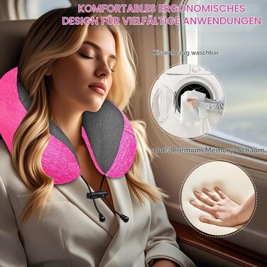 Подушка для подорожей під шию з ефектом пам'яті (Memory Foam) для літака, авто та офісу, з 3D-маскою для сну та берушами, рожева