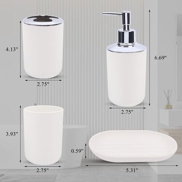 Набір аксесуарів для ванної кімнати (4 шт) з пластику: тримач для зубних щіток, стаканчик, дозатор мила, мильниця. Білий колір