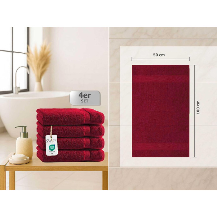 Набір махрових рушників для рук Class Home Collection, 100% бавовна, 50x100 см, 4 шт. — м'які та гігроскопічні, червоні