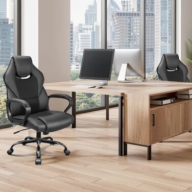 Офісне крісло BASETBL для офісу та дому, чорне, 150 кг, ергономічне, з PU шкіри, поворотне, з м'якими підлокітниками, функція гойдання