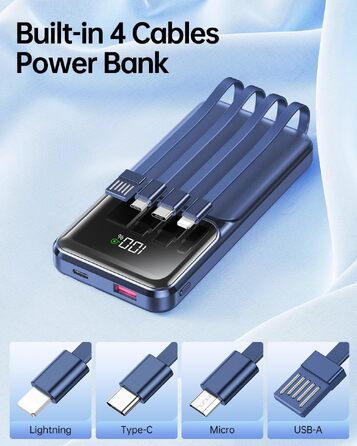 Повербанк 20000 mAh з вбудованим кабелем, швидка зарядка 22.5W, LED-дисплей, USB-C, зовнішній акумулятор для iPhone та Samsung, синій