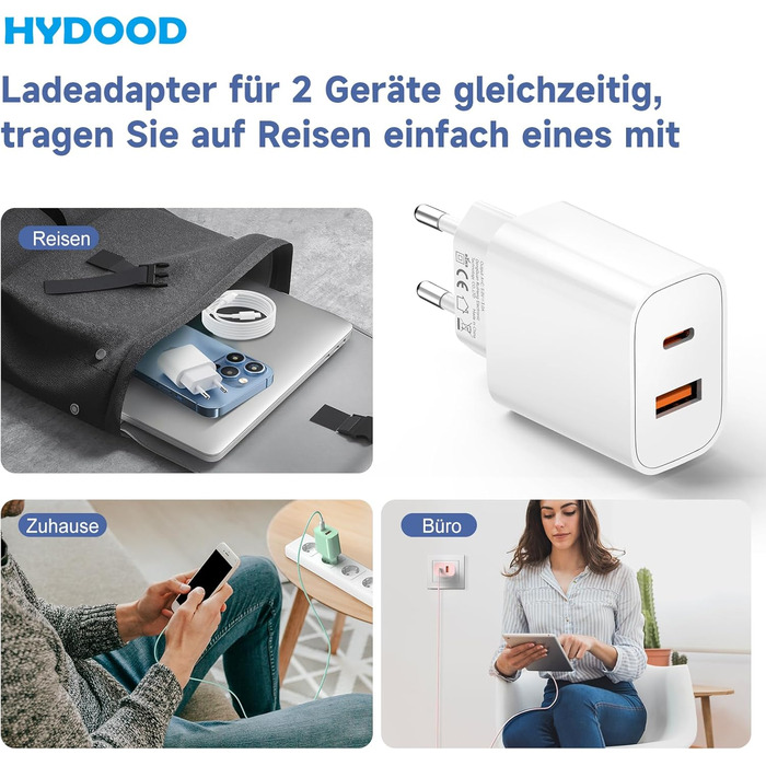 Зарядний пристрій 2 в 1 USB-C 20W, 2 порти (USB-C/USB-A) для iPhone 17 Pro Max/16/15/14/13/12, Galaxy, iPad - кабель Type-C 2м, блакитний (2 шт)