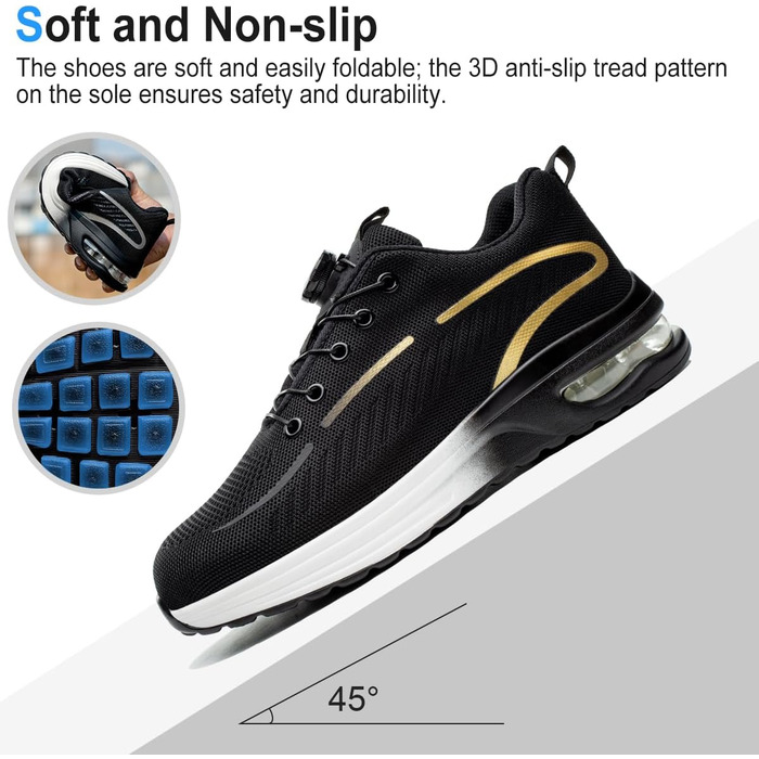 Робочі черевики для чоловіків та жінок. Зі сталевим підноском. Легкі, спортивні, неслизькі, дихаючі. Модний захист. Розміри 38-46 EU (42 EU, New Gold)