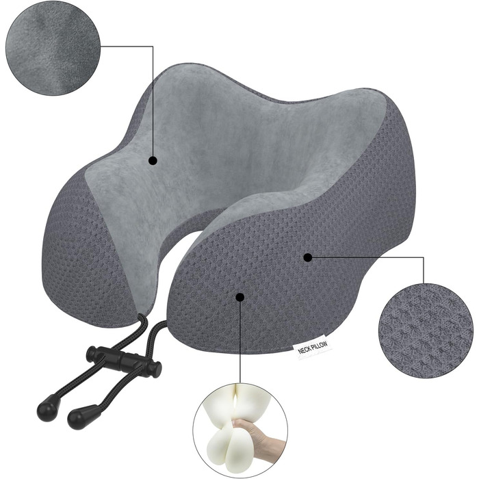 Подушка для шиї у подорожах: м'яка подушка з memory foam для автомобіля, літака, офісу та дому (темно-сіра)