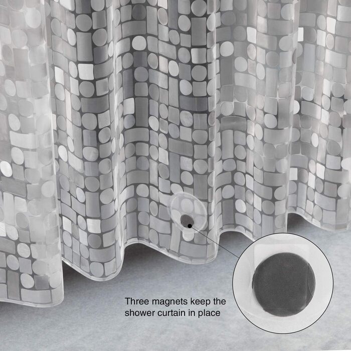 Шторка для душу Weltrxe Anti-Schimmel 120x180 см з вагами та магнітом, прозора, геометричний дизайн, EVA, водонепроникна, антибактеріальна, для ванни та душу, 8 люверсів, для дітей, H180 x B120 см
