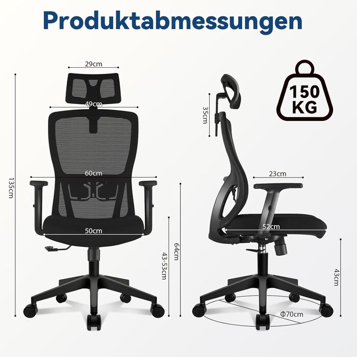 Ергономічне офісне крісло з регульованою спинкою та підголівником, до 150 кг, чорне X-Large