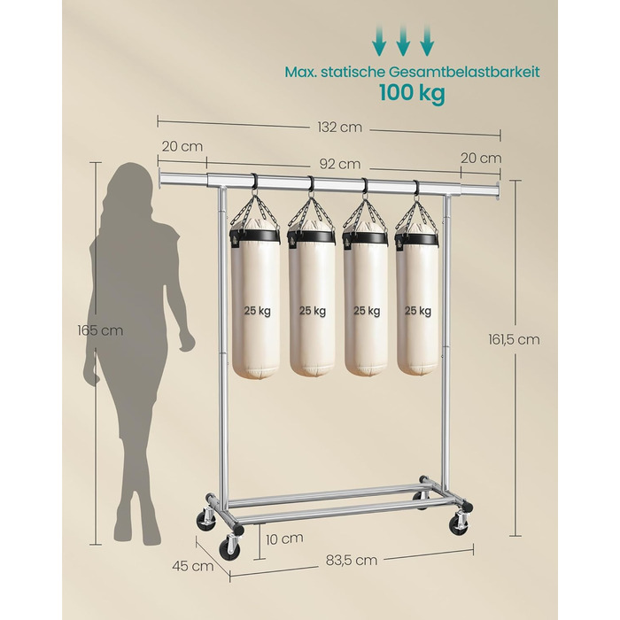 SONGMICS Clothes Rack on Wheels, Heavy-Duty Garment Rack, Extendable Clothes Rod, Load Capacity up to 100 kg, Easy Assembly, Portable, Silver HSR13S