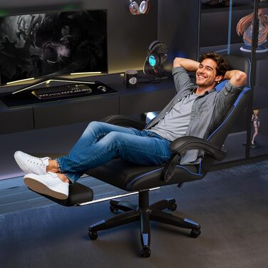 Ігрове крісло Bigzzia Ergonomic Gaming Stuhl з підставкою для ніг та функцією масажу, синій