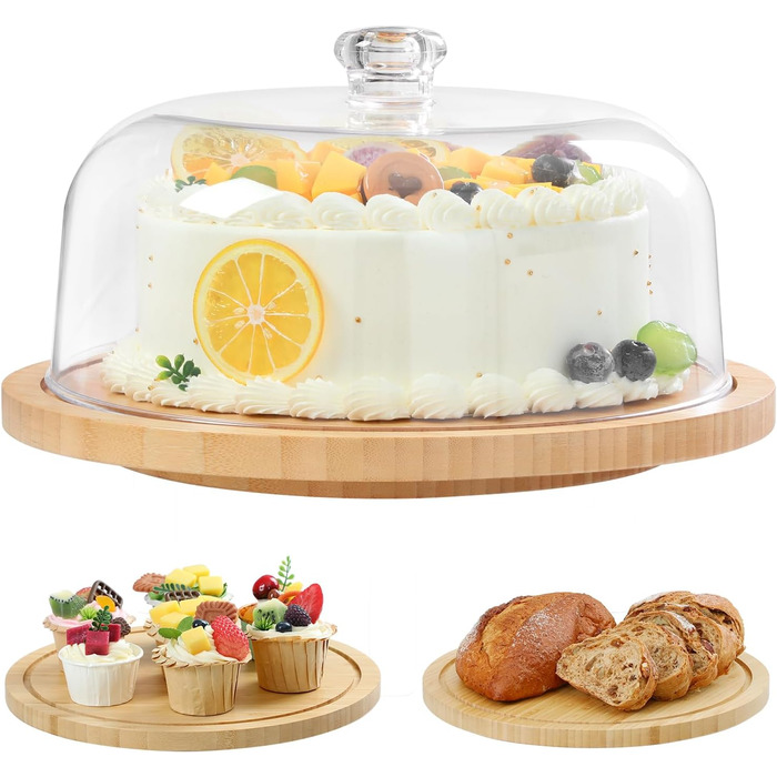 Підставка для тортів Ohuhu з бамбука 2-в-1 з кришкою, обертова тарка для тортів з 3 знімними ніжками та акриловою кришкою для випічки, декорування та святкування, чудовий подарунок для жінок