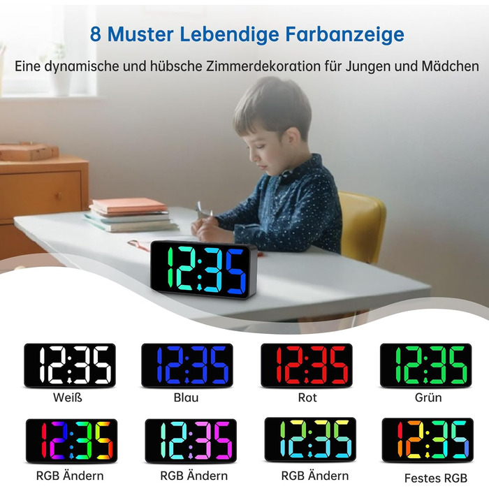 LED-годинник Eachui з USB-зарядкою, великий дисплей, регулювання яскравості та гучності, функція повтору, 12/24 год, цифровий годинник, живлення від мережі (чорний & білий)