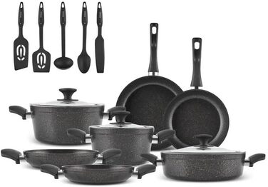 Набір кухонного посуду Karaca Biogranit Blackgold 12 предметів | Покриття з антипригарним ефектом | Стійкий до подряпин | Здоровий та екологічний | Енергоефективний | Елегантний дизайн | Легко миється (Чорний/Золотистий)