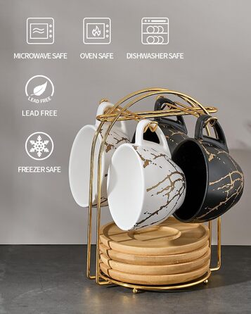 Набір кавових чашок капучіно Home Decor, 4 шт., 220 мл, з металевим підставкою, чорний та білий