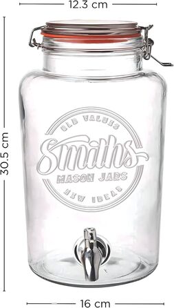 Скляний диспенсер для напоїв Smith's Mason Jars 5 л з нержавіючим краном, фільтром і дерев'яною підставкою — ідеально для лимонаду, води, коктейлів