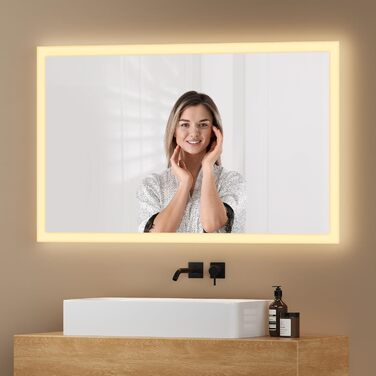 Дзеркало для ванної кімнати EMKE® з підсвічуванням 80x60 см, тепле біле світло 3000K, вимикач, вертикальна/горизонтальна установка, IP44, енергозберігаюче