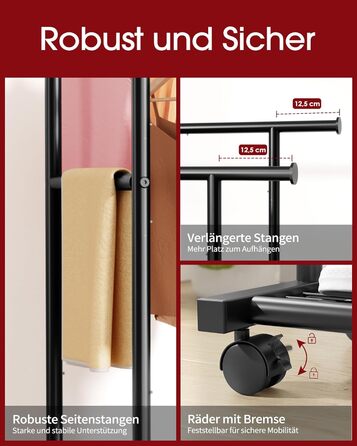 Стійка для одягу на колесах з подвійною перекладиною та сітчастим дном, 98 x 42 x 150 см, Чорний